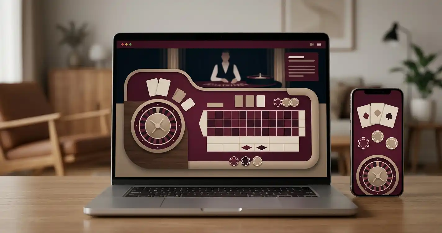 Illustration af et elegant live-casinobord på laptop og mobil uden logoer eller genkendelige personer