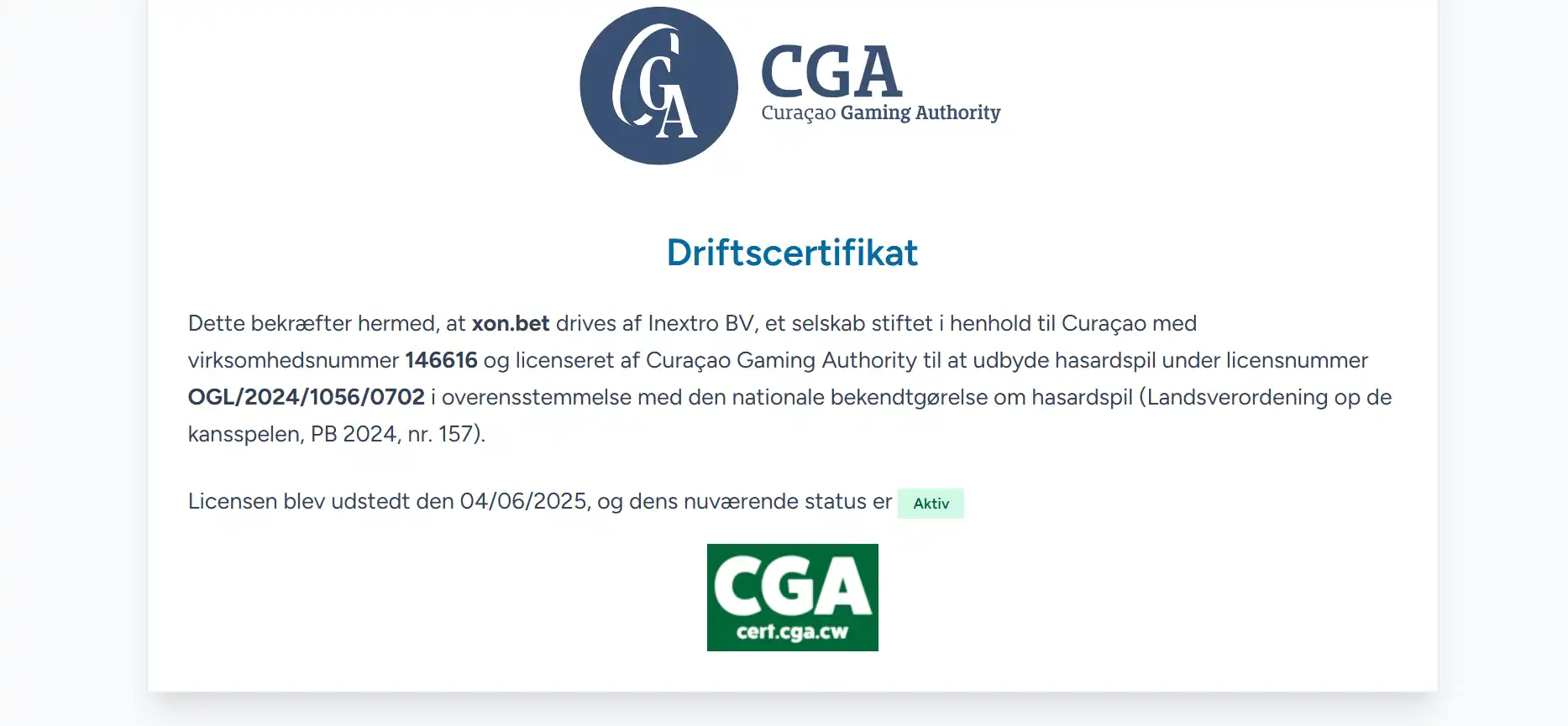 Curaçao Gaming Authority-certifikat for xon.bet og Inextro B.V.