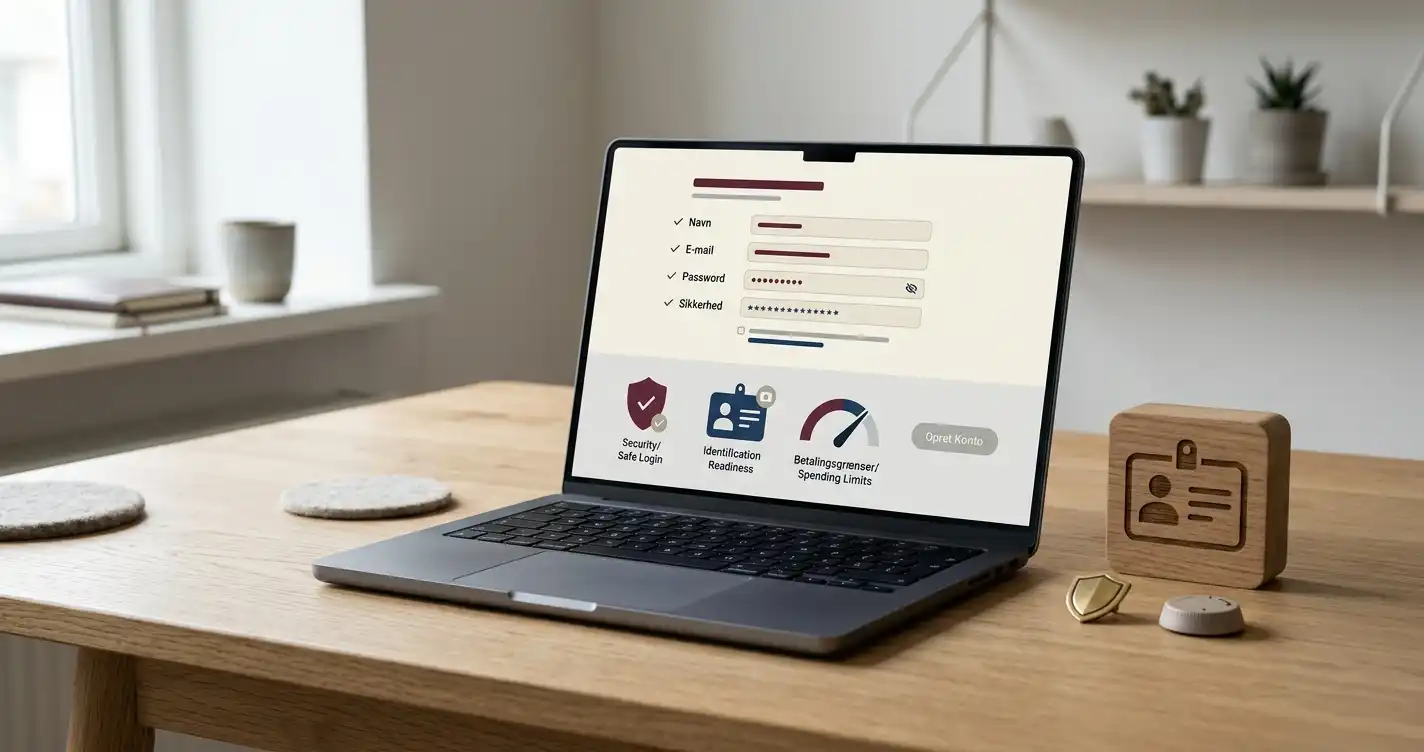 Illustration af kontooprettelse med laptop, identitetsikon og indbetalingsgrænse uden persondata