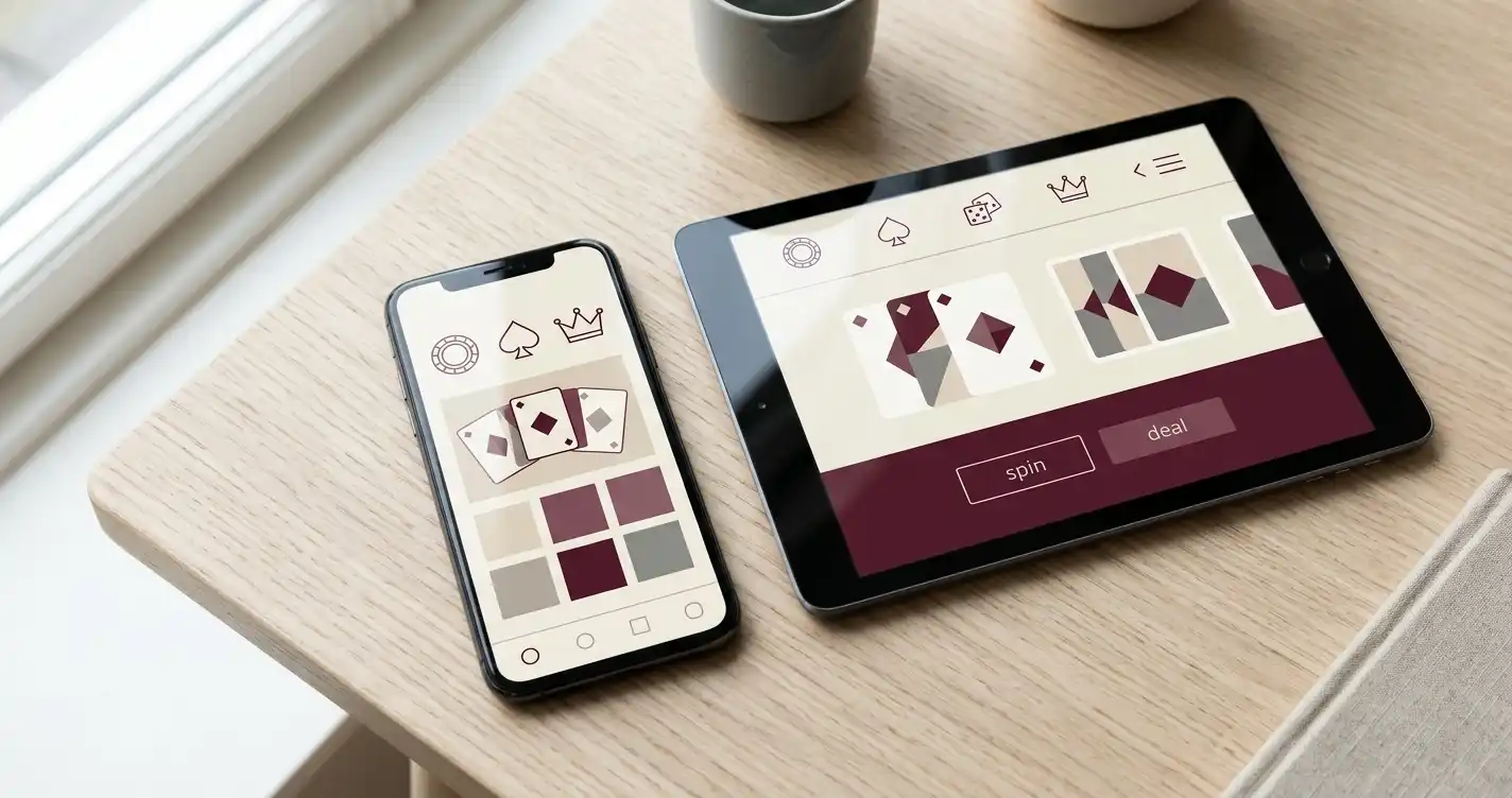 Illustration af smartphone og tablet med abstrakt casino-brugerflade uden logoer eller rigtig spilgrafik