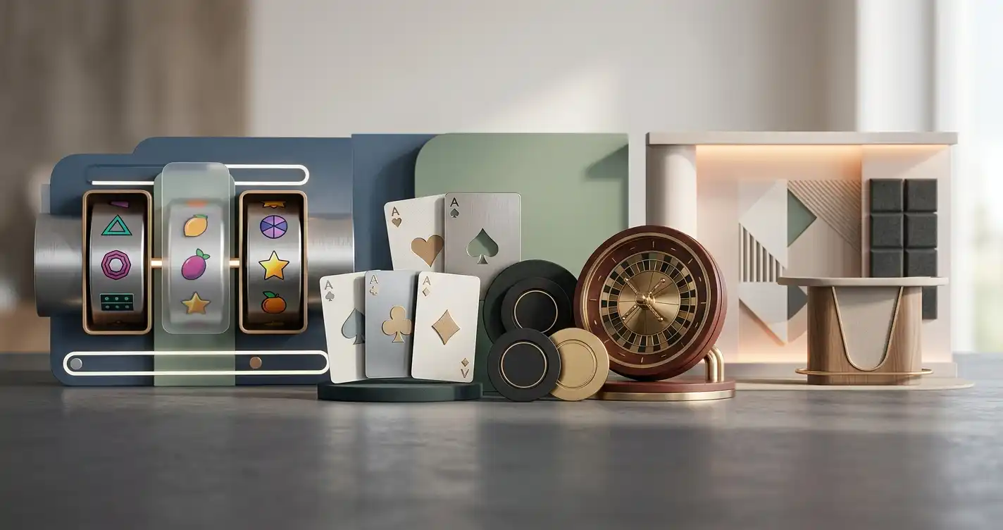 Illustration af spilleautomater, live bordspil og abstrakte spiludbyderfliser uden logoer