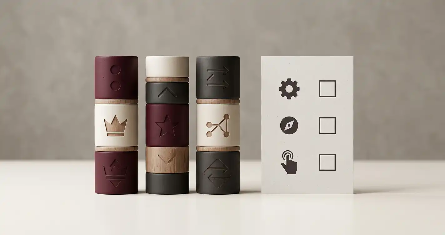 Abstrakt illustration af slotruller og en tjekliste uden logoer eller rigtige spil